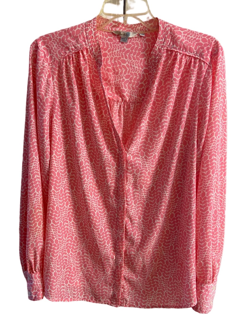 Boden Pink Leaf Print Notch V-Neck Button Up Long Sleeve Blouse Top Sz 16